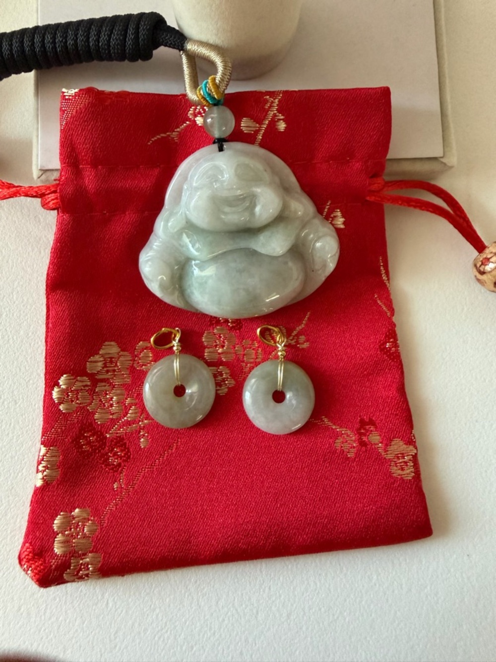 💯% Icy Light Green Jade Laughing Buddha and Donut Pendant